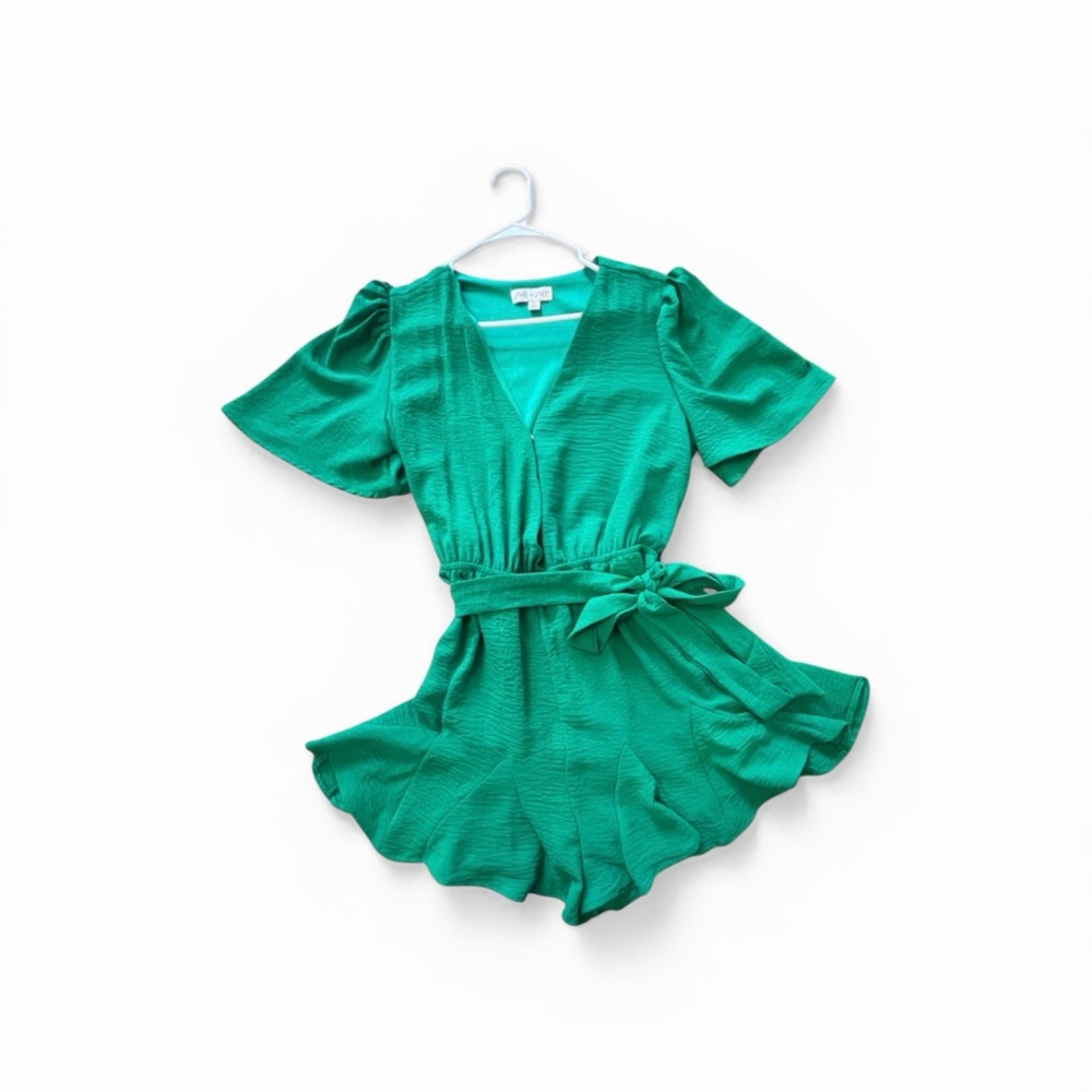 She + Sky Teal Green V-Neck Romper